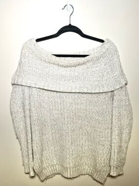 Bobbles and Lace, Off-the-Shoulder Cream Foldover Ribbed Knit Sweater
